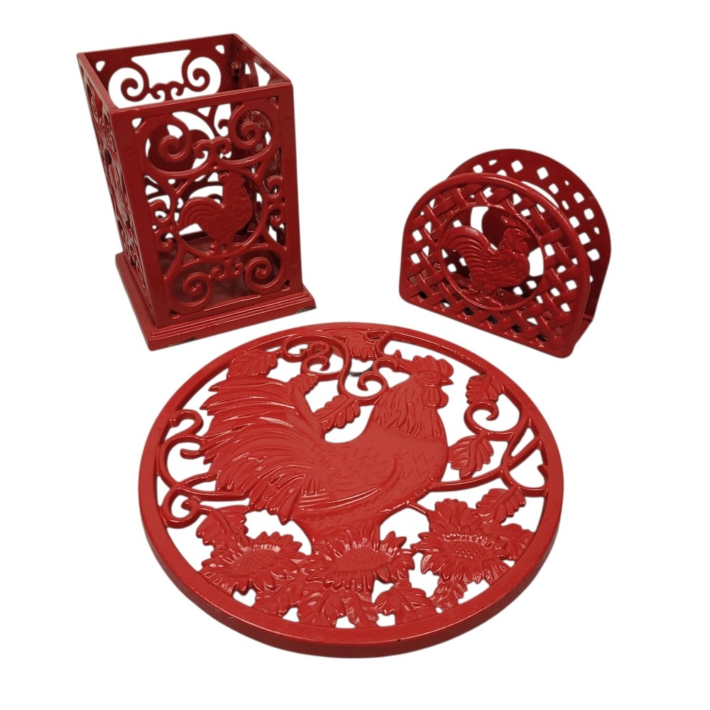 Vintage Red Enamel Cast Iron Rooster Kitchen Set Utensil Napkin Trivet Farmhouse
